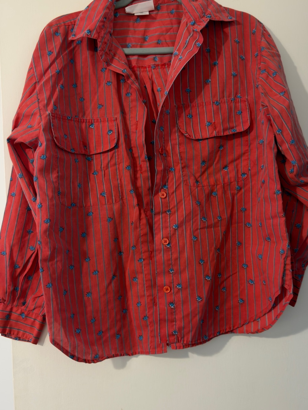 Vtg Eileen Women's Red Striped Button-Down Shirt with Blue Motif